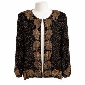 Vintage 90s Black Silk Beaded Jacket Gold Embellished Evening L Boho Glam